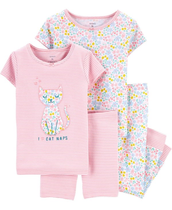 Baby Girls Floral Cat Snug Fit Pajamas Set, 4 Piece