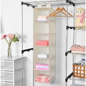MaidMAX Hanging Closet Organizer, MaidMAX 6-Shelf Collapsible Hanging Accessory Shelves with 2 Widen Velcros for Clothes and Shoes Storage for Gift, Beige