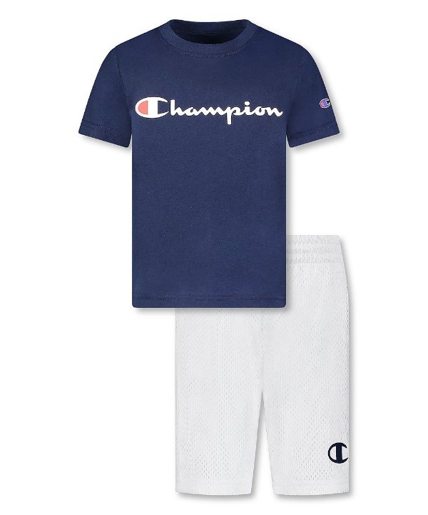 Navy 'Champion' Classic Script Tee & White Basketball Shorts - Toddler & Boys
