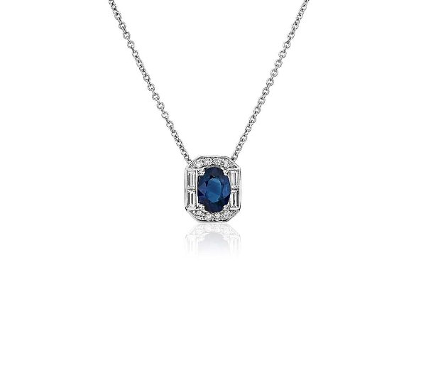 Oval Sapphire and Diamond Baguette Halo Pendant in 14k White Gold (7x5mm) | Blue Nile