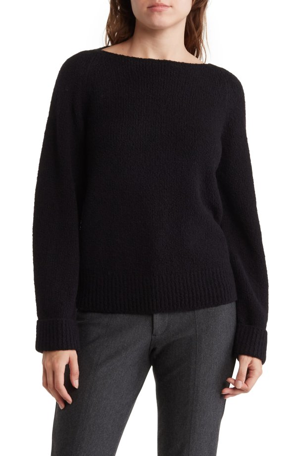 Textured Boatneck Wool Blend Sweater