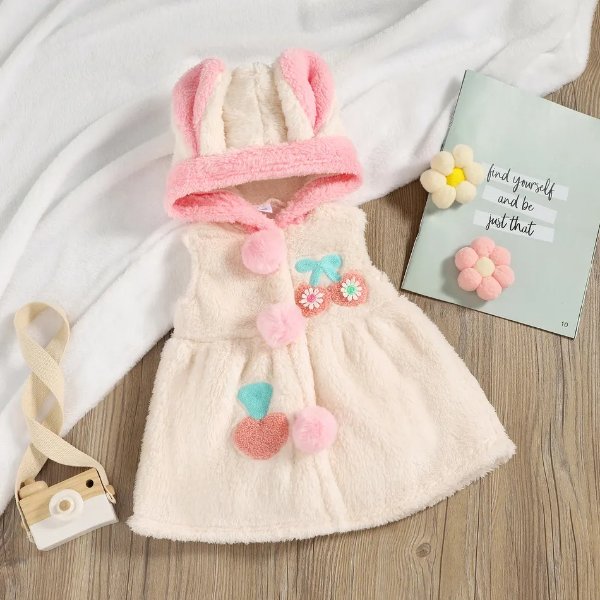 Fluffy Fleece Rabbit Ears Hooded Sleeveless Pompom Baby Coat Outwear