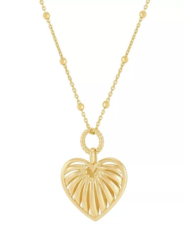 Puffed Ribbed Heart Pendant Necklace in 18k Gold-Plated Sterling Silver, 16" + 2" extender