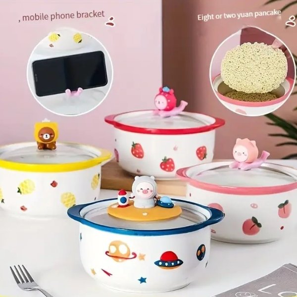 1pc Korean Cartoon Ceramic Noodle Bowl with Lid - Perfect for Soup, Salad, Steamed Egg & More!