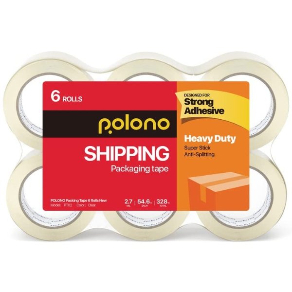 POLONO 6 Rolls Heavy Duty Packaging Tape, 2.7 mil, 1.88" x 60 Yd