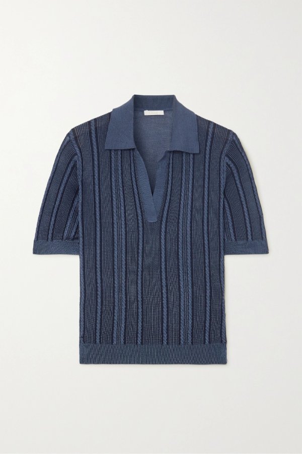 Cable-knit silk polo shirt