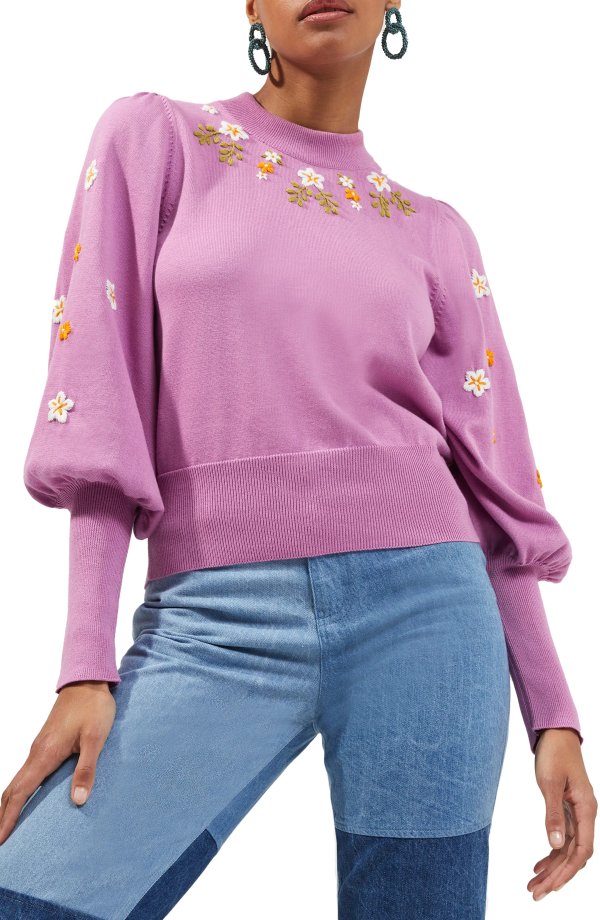 Kaitlyn Embroidered Mock Neck Organic Cotton Sweater