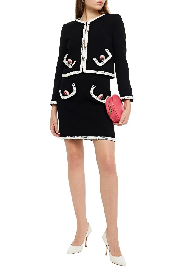 Crochet-trimmed appliqued wool-blend crepe mini skirt