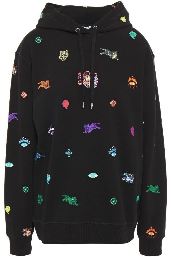 Embroidered printed French cotton-terry hoodie