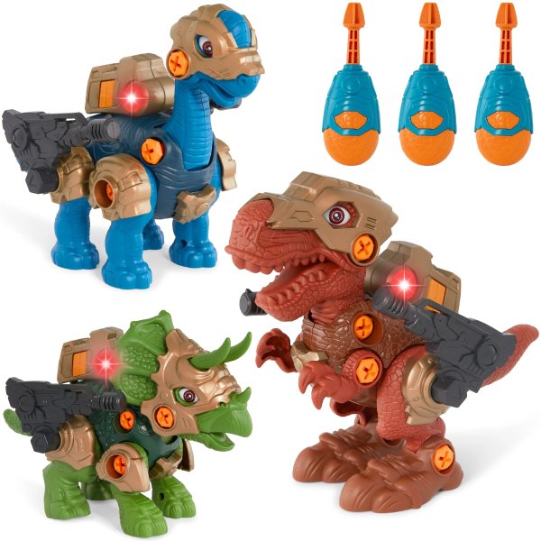 86-Piece Pack of 3 Toy Dinosaurs, STEM Set w/ Lights & Sounds, Movable
