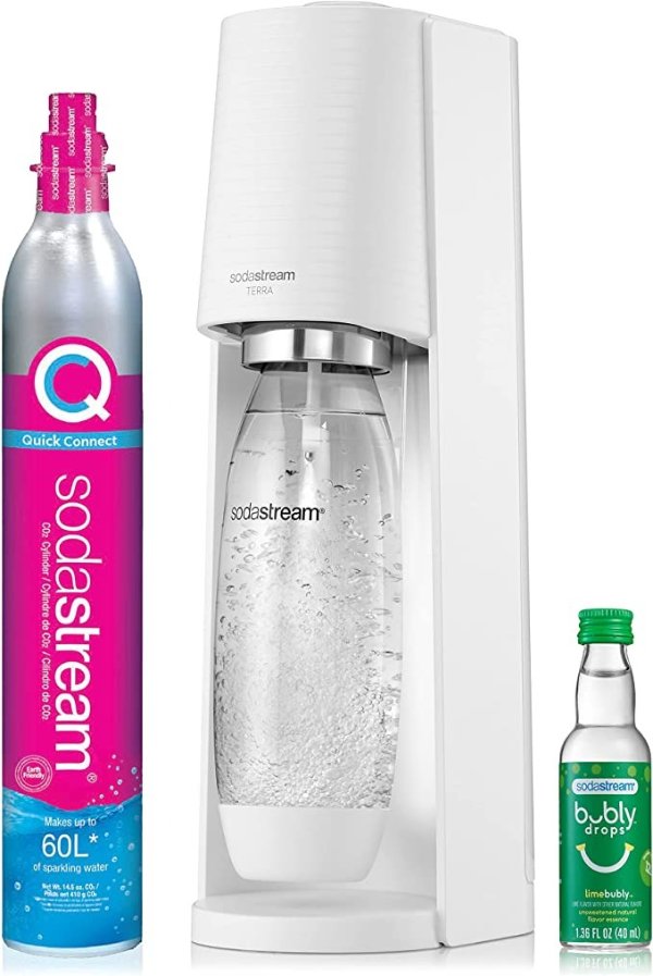 Terra Sparkling Water Maker (White) with CO2, DWS Bottle and Bubly Drop
