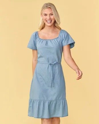 Womens Mommy And Me Short Flutter Sleeve Chambray Woven Tiered Dress | The Children's Place - LILY WASH