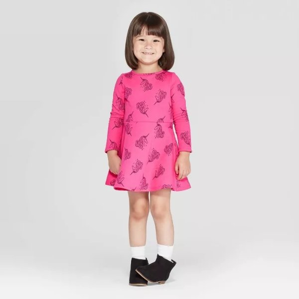 Toddler Girls' Long Sleeve Unicorn Print Dress - Cat & Jack™ Dark Pink