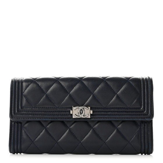 Lambskin Quilted Boy Large Gusset Flap Wallet Navy | FASHIONPHILE