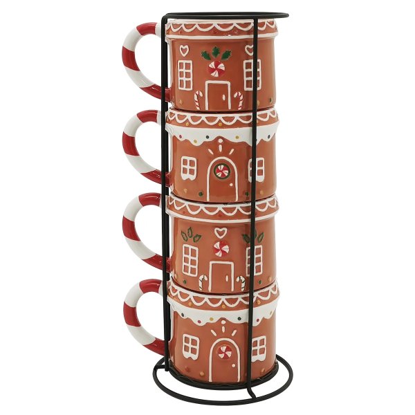Gingerbread House Stackable Stoneware Mug with Metal Rack Set, Multi Color