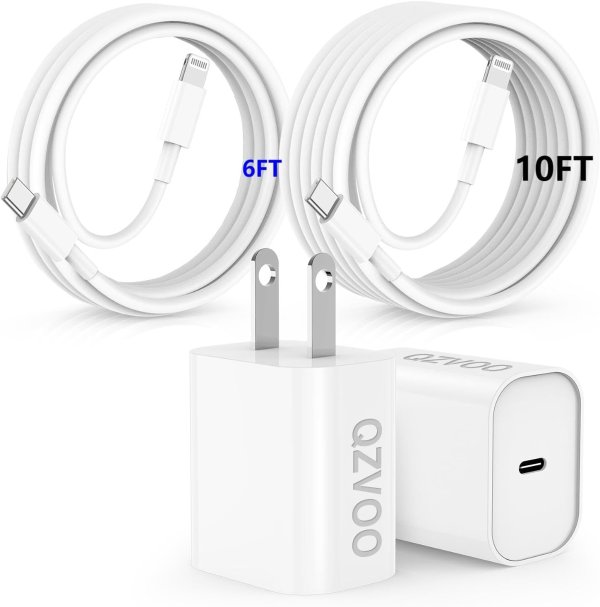 QZVOO iPhone 20w 充电头 两支装 含6FT/10FT数据线