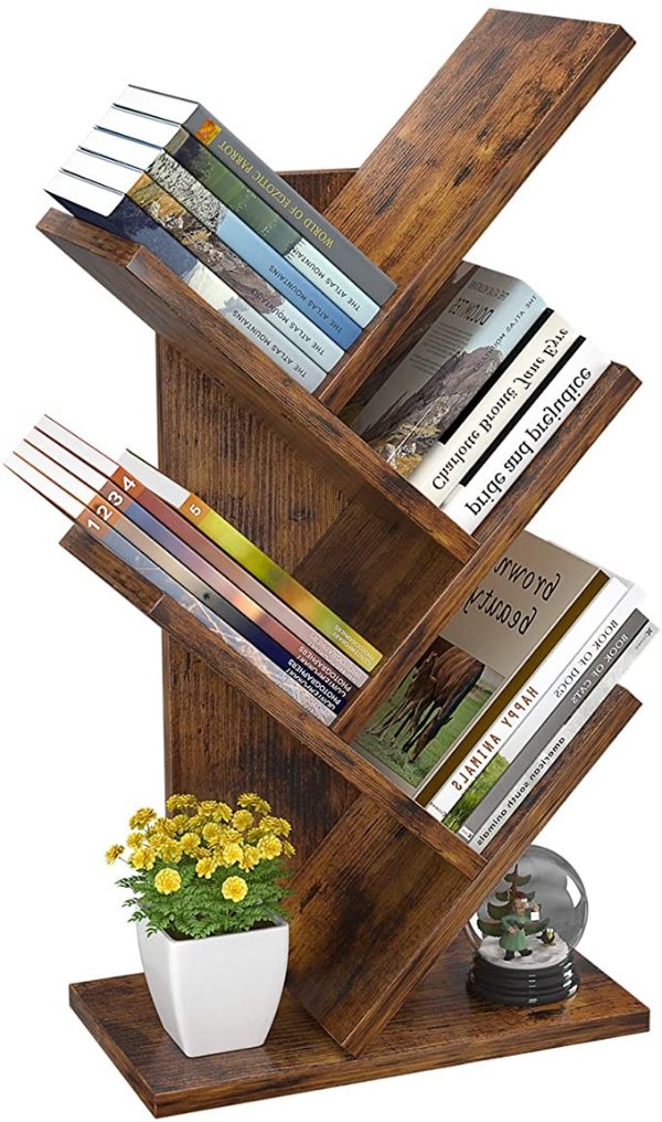 Tree Bookshelf, 4-Tier Book Storage Organizer Shelves Floor Standing Bookcase, Wood Storage Rack for Office Home School Shelf Display for Cd/Magazine/Book - Rustic Brown