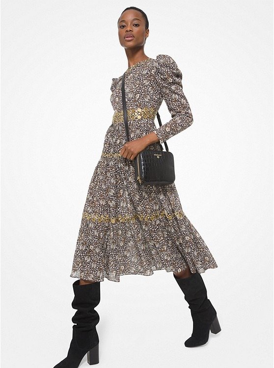 Embellished Paisley Cotton Lawn Puff-Sleeve Dress