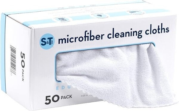 S&T INC. Microfiber Cleaning Cloth, Bulk Microfiber Towel for Home in a Box, Reusable and Lint Free Cloth Towels for Car, White, 11.8 Inch x 11.8 Inch, 50 Pack with Box