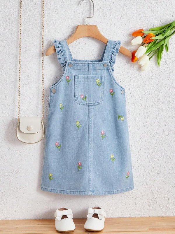Young Girl Floral Embroidery Ruffle Trim Denim Dress