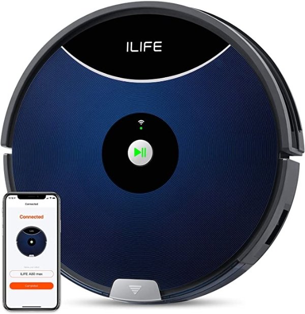 A80 Max Robot Vacuum Cleaner, 2000Pa Max Suction, Wi-Fi Connected, Works with Alexa, 2-in-1 Roller Brush, Self-Charging, Slim and Quiet, Ideal for Pet Hair, Hard Floor and Medium Pile Carpet.