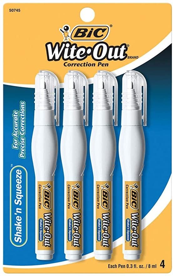 Wite-Out Shake 'n Squeeze Correction Pen, 8 ml, White, 4/Pack (WOSQPP418)
