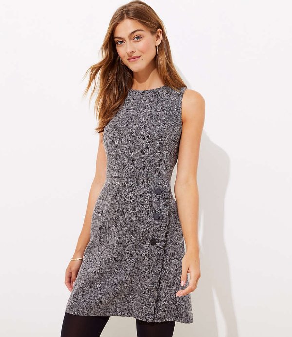 Tweed Ruffle Button Flare Dress | LOFT