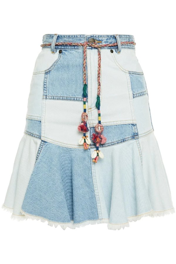 Edie ruffled patchwork denim mini skirt
