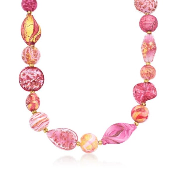 Italian Pink and Gold Murano Glass Bead Necklace in 18kt Gold Over Sterling | Ross-Simons
