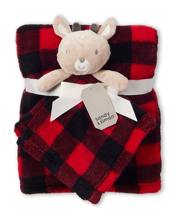 (Newborn/Infants) Two-Piece Reindeer Plaid Blanket & Toys Set