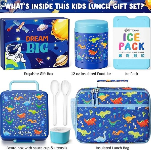 Kids Bento Snack Lunch Box with 4 Compartment, Insulated Bag, Stainless Steel Vacuum Thermos Food Jar, Ice Pack, Utensils Set, Birthday Gift for Age 3-12 Back to School Toddler Girl Boy