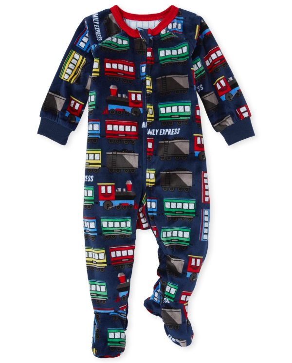Baby And Toddler Boys Long Sleeve Trains Print Fleece Footed One Piece Pajamas