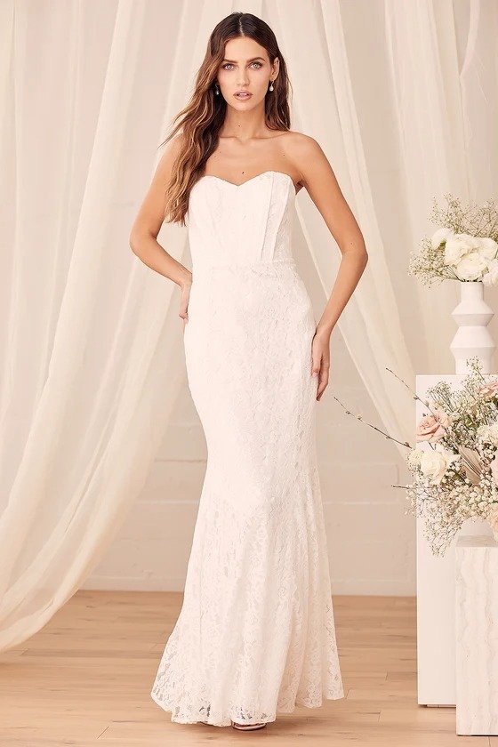Always Believe White Floral Lace Strapless Mermaid Maxi Dress