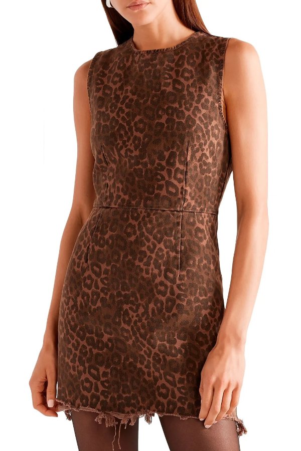 Frayed leopard-print cotton-twill mini dress