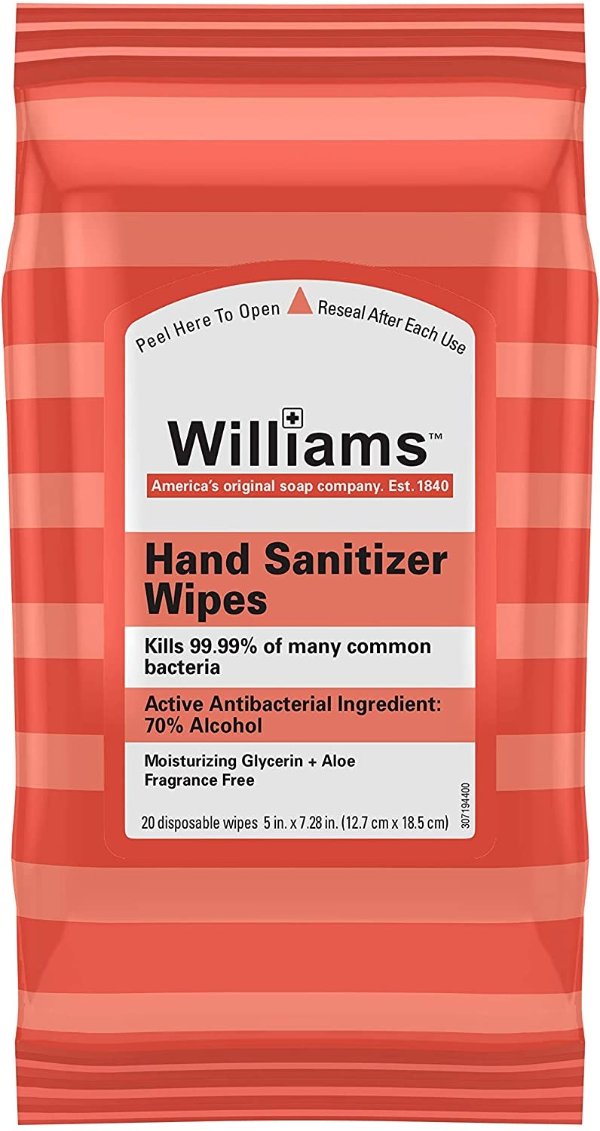 Williams 消毒杀菌湿巾 70%乙醇酒精含量 20片 无香款
