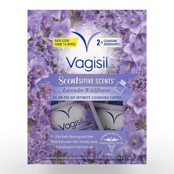 Scentsitive Scents On-The-Go Feminine Cleansing Wipes, pH Balanced, Lavender Wildflower, Individually Wrapped, 16 Count