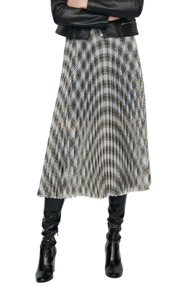 Junga Plaid Pleated Midi Skirt