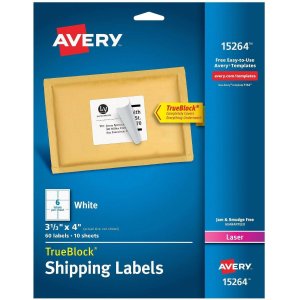 Avery White Shipping Labels with TrueBlock Technology 15264, 3-1/3" x 4", Laser/Inkjet, 60pk