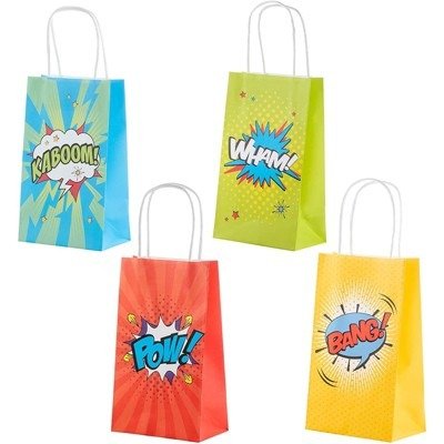 Blue Panda 12 Pack Small Comic Book Theme Hero Gift Bags Kid Party Favor, 4 Designs, 8.3 x 5.5 x 3.1 in