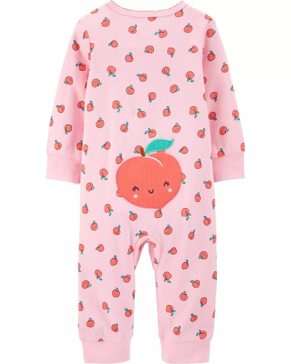婴儿双向拉链桃子图案连体衣
