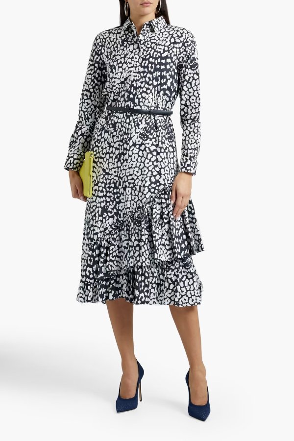 Lipari belted ruffled leopard-print cotton-twill shirt dress