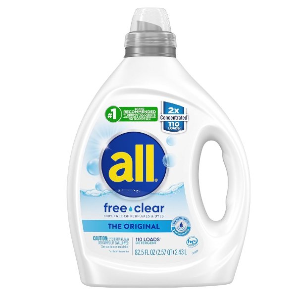 Liquid Laundry Detergent, Free Clear for Sensitive Skin, Unscented and Hypoergenic, 2X Concentrated, 110 Loads