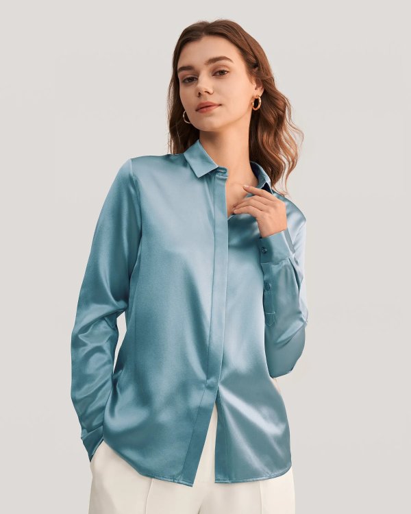 Basic Concealed Placket women Silk Shirt