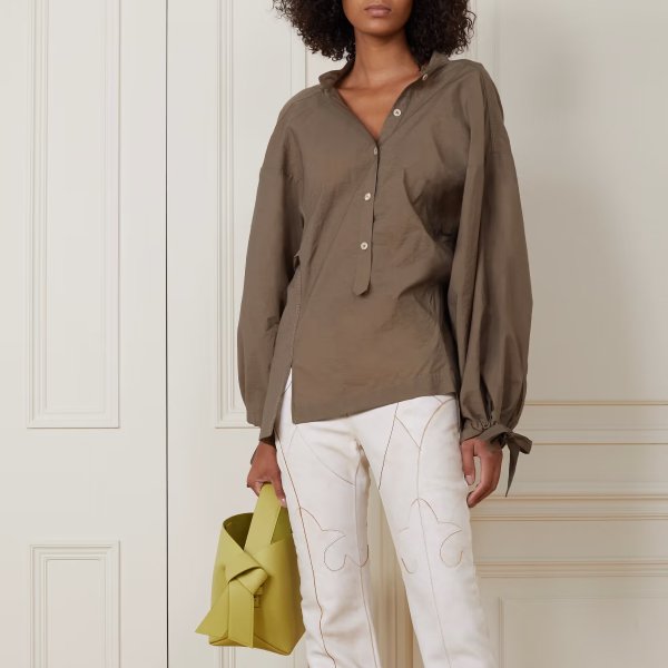 Asymmetric crinkled cotton-blend poplin blouse