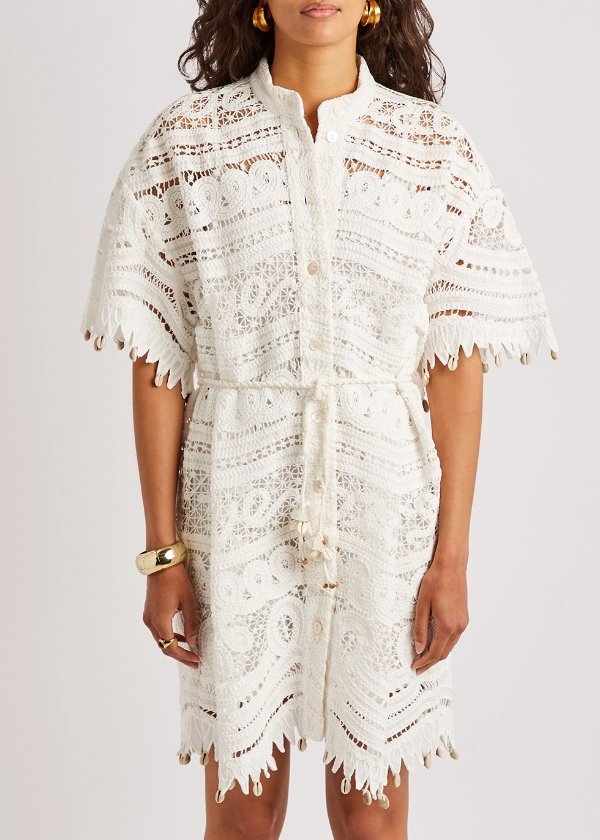 Shelly ivory embroidered crochet lace shirt dress