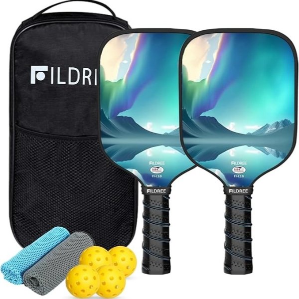 FILDREE Pickleball Paddles, USAPA Approved Pickleball Paddles Set of 2, Fiberglass Surface Pickleball Set, 1 Pickleball Bag, 2 Cooling Towels&4 Pickleball Balls, 0.5IN Thicker Polypropylene Core