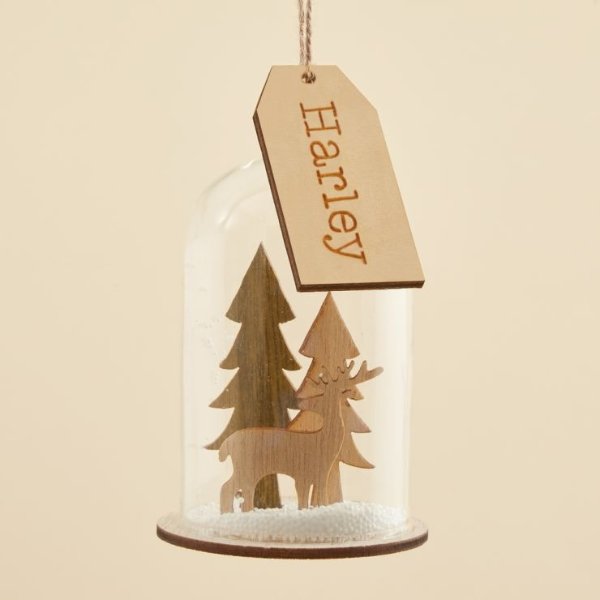 Personalized Sass & Belle Dome Glass Tree Ornament with Wooden Reindeer Scene Welcome %1
