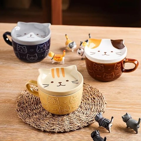 Temu 1pc Cute Ceramic Cat Mugs With Lids Or Coaster Novelty Lovely