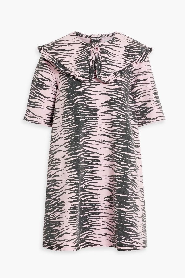 Ruffle-trimmed tiger-print denim mini dress