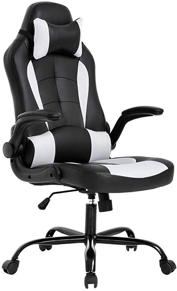PC Gaming Chair Ergonomic Office Chair Desk Chair with Lumbar Support Flip Up Arms Headrest PU Leather Executive High Back Computer Chair for Adults Women Men, Black and White